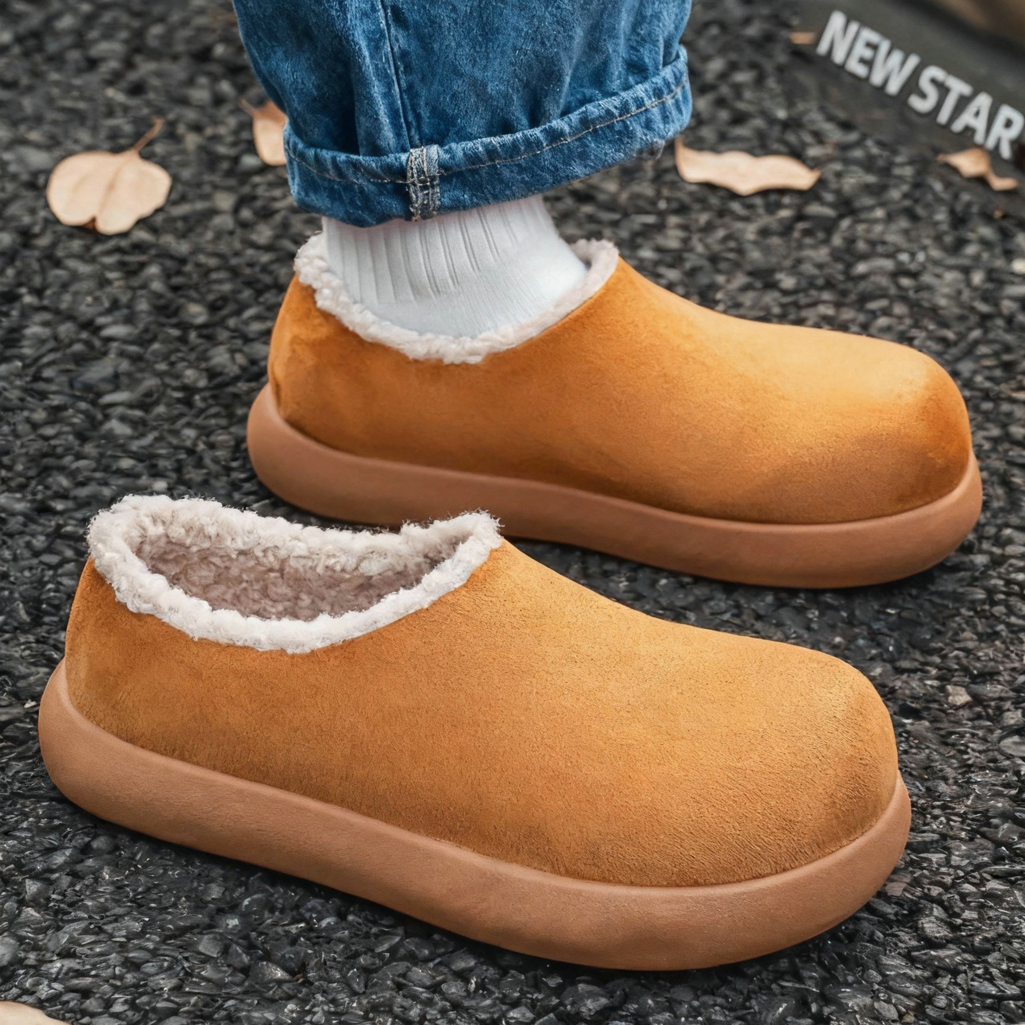 冬季男鞋一脚蹬棉鞋小众懒人鞋保暖面包鞋加绒板鞋轻便日系雪地鞋