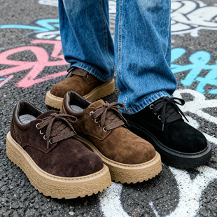 复古板鞋男鞋子2026新款厚底反毛日系百搭美式低帮黑色休闲鞋男生