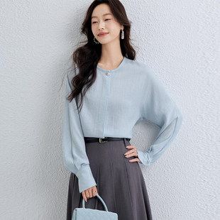 法式圆领蓝色长袖衬衫女2026春季新款气质衬衣休闲薄款纯色上衣