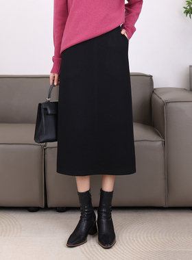 醋酸羊毛呢半身裙冬季2026新款松紧高腰直筒裙百搭显瘦长裙 26007