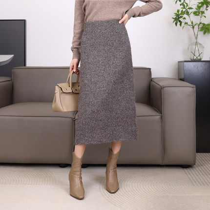 粗花呢羊毛小香风亮丝半身裙秋冬2025新款高腰时尚百搭长裙 12100