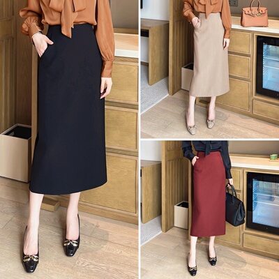 【年终大促】竹节纹西装半身裙显瘦A字直筒裙气质口袋半裙 23285