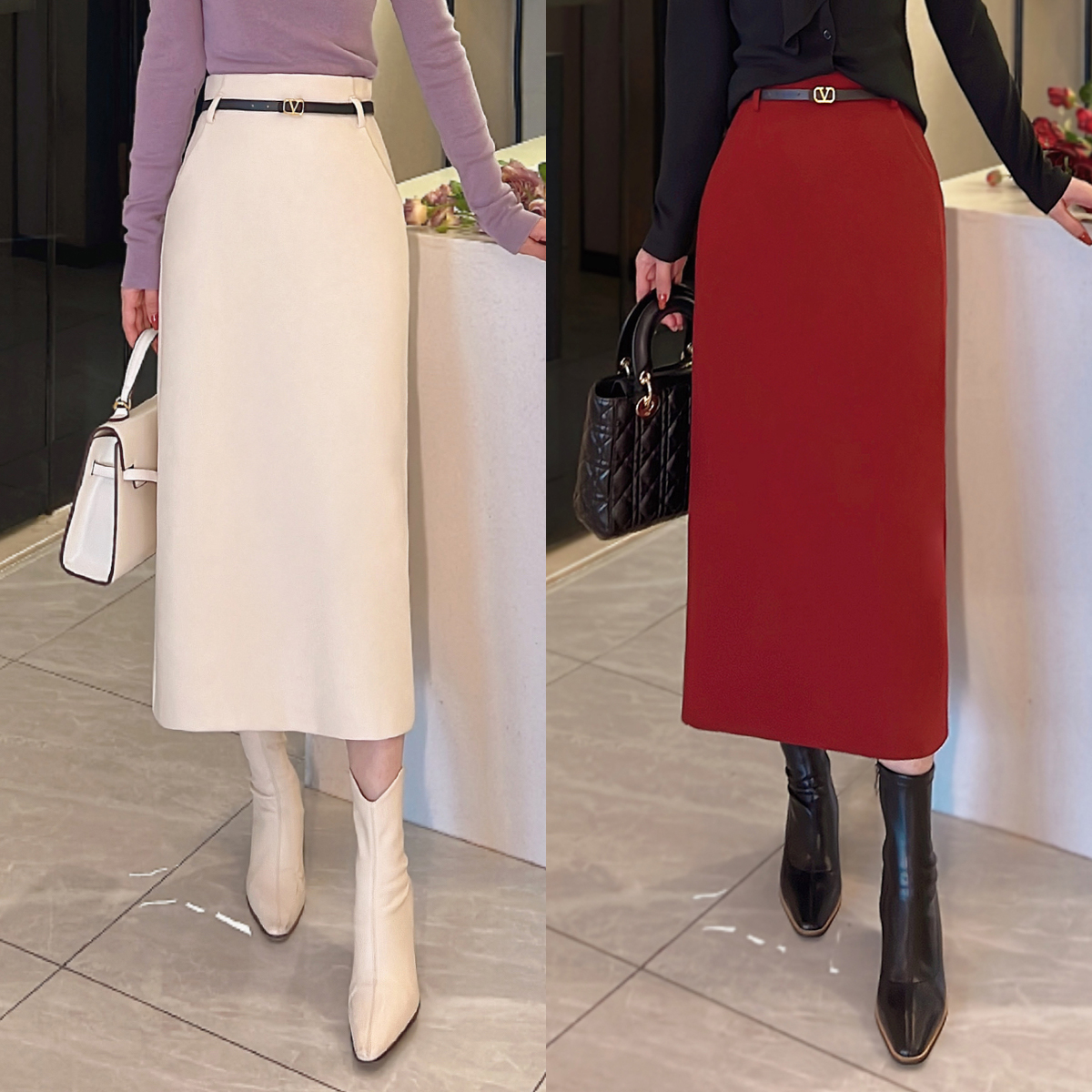 【双11】冬季新款高腰毛呢直筒裙百搭显瘦口袋半身裙78/28189