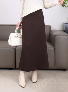 醋酸羊毛鱼尾裙冬季新款松紧腰长款a字裙百搭毛呢半身裙21714