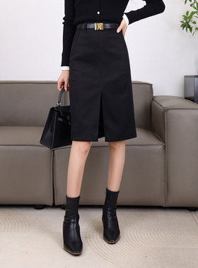 毛呢半身裙冬季2026新款韩版时尚高腰显瘦开叉中长款直筒裙21861