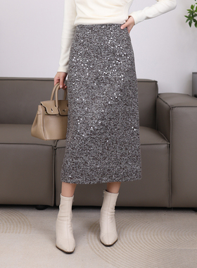 【年终大促】亮片小香风半身裙显瘦粗花呢直筒裙气质a字裙1298