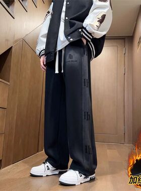 秋冬新款休闲裤子男百搭加绒加厚直筒卫裤青少年初高中生宽松长裤