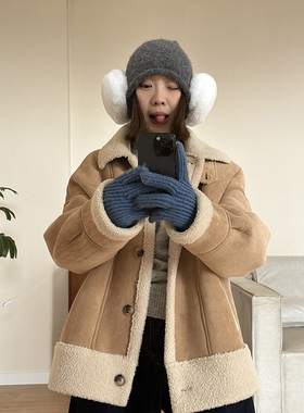 Our2时尚皮毛一体羊羔毛外套女冬季2023新款设计感加厚皮绒上衣