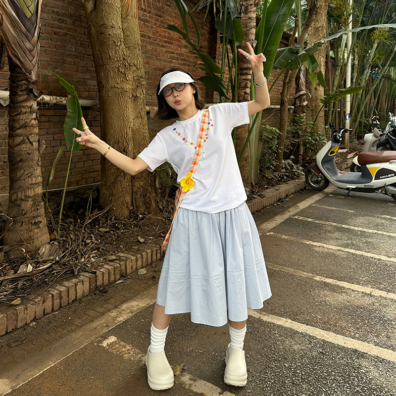 Our2浅蓝大摆高腰a字蓬蓬裙夏季小个子休闲百搭设计感简约半身裙