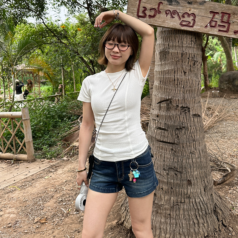 Our2美式辣妹水洗做旧牛仔短裤女夏季新款低腰显瘦直筒阔腿裤子