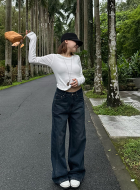 Our2【压线牛仔裤】2025秋冬新款百搭设计感直筒牛仔蓝洗水牛仔裤