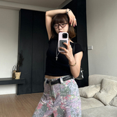 Our2设计感前后两穿T恤夏季 潮 上衣短款 辣妹黑色一字肩短袖 修身