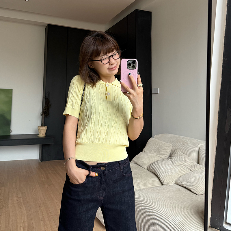 Our2辣妹收腰冰感针织polo衫上衣2025夏季新款修身气质设计感短袖