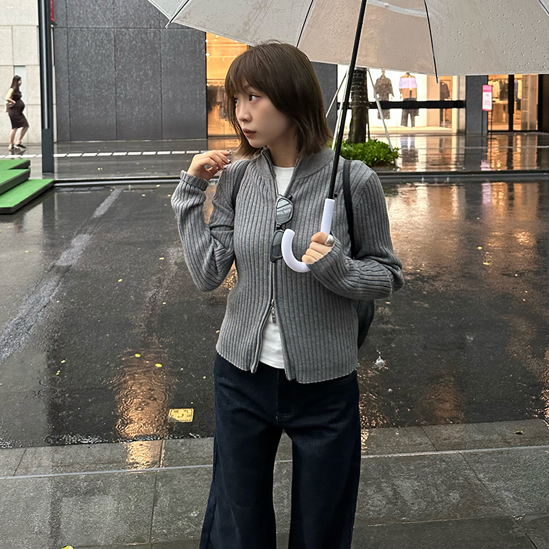 Our2美式小众拉链针织开衫外套2024秋季新款短款修身长袖毛衣上衣