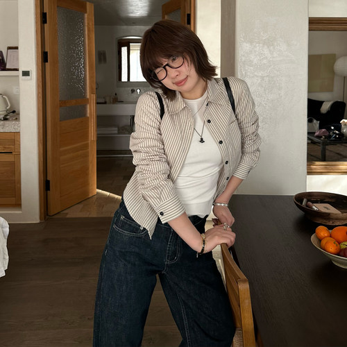 Our2【中古条纹衬衫】2026新款时尚春季条纹短款百搭休闲衬衫上衣