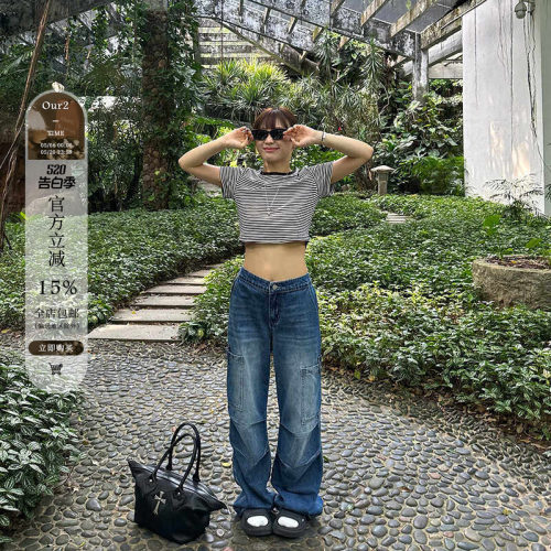 宽松显瘦夏季复古高腰牛仔裤阔腿