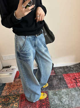 Our2复古低腰做旧牛仔裤女蓝色直筒宽松休闲长裤秋季辛苦阔腿裤子