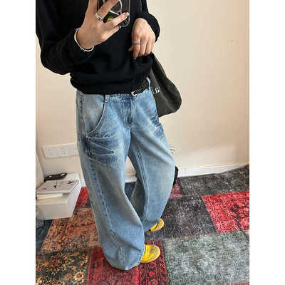 休闲低腰复古直筒做旧牛仔裤长裤