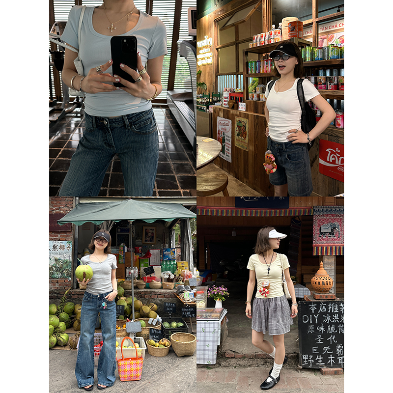 Our2辣妹U领紧身显瘦短袖夏季百搭收腰修身休闲正肩T恤打底衫潮