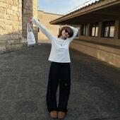 女2024秋季 新款 韩版 Our2高腰休闲香蕉卫裤 宽松垂感黑色抽绳拖地裤