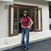 休闲拖地裤 Our2辣妹宽松高腰复古蓝直筒牛仔裤 女百搭水洗阔腿裤 子