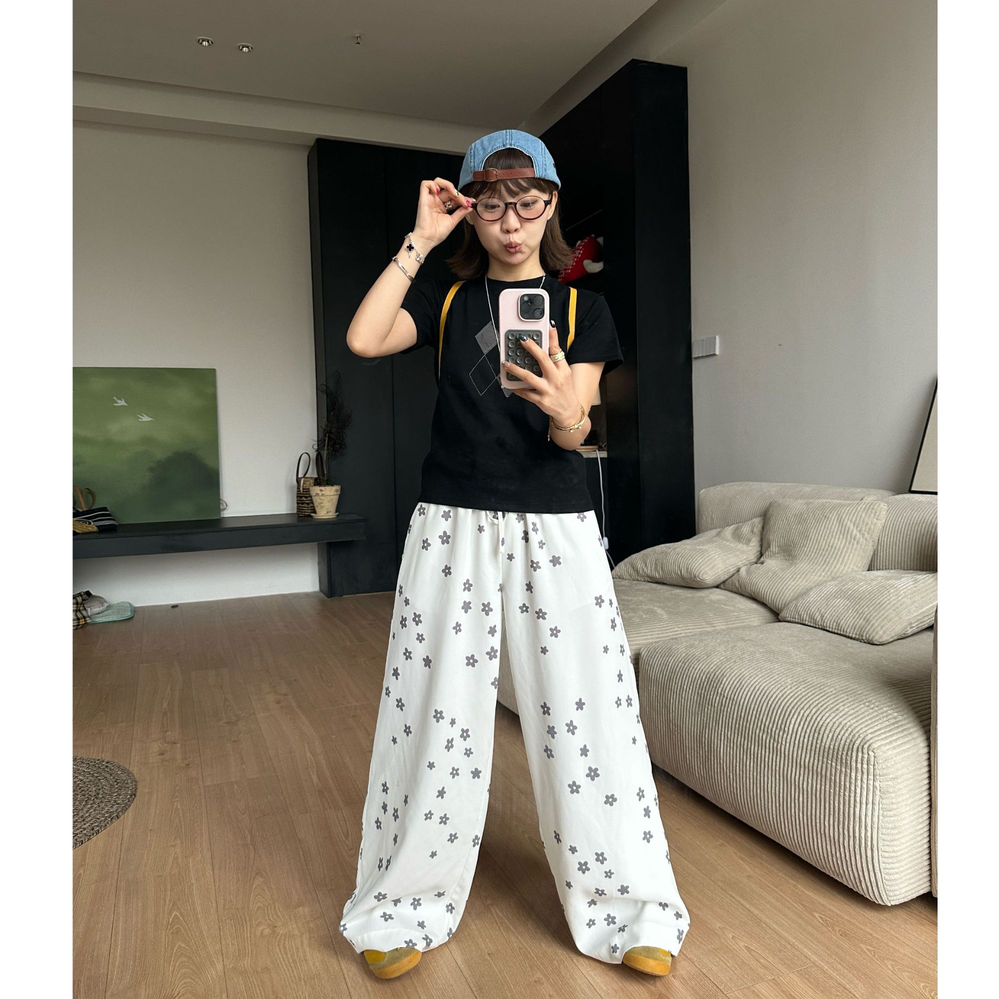 Our2夏季设计师印花休闲长款时尚洋气高腰阔腿宽松拖地裤潮