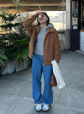 Our2复古蓝休闲高腰阔腿裤宽松显瘦2024秋季新款女妮妮水洗牛仔裤