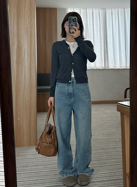 Our2时尚气质复古休闲牛仔裤女2024新款高腰设计感阔腿弯刀长裤