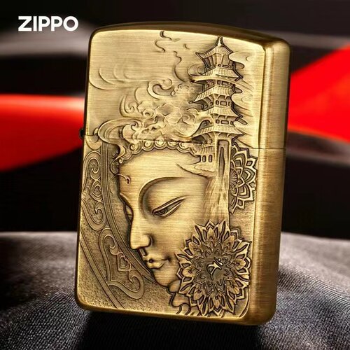 正品zippo打火机纯铜盔甲3D立体浮雕七级浮屠浮雕佛像煤油打火机