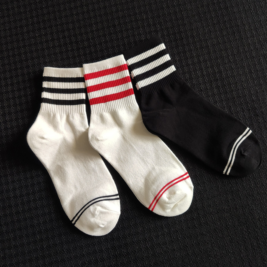 夏薄款中筒袜男日系黑条纹白女士运动潮牌纯棉ins短袜女潮袜子春
