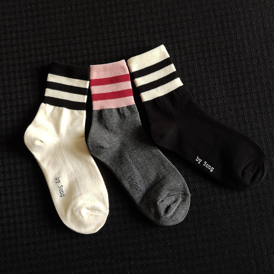 春薄款条纹中筒男长袜女潮ins纯棉日系女士夏袜子秋潮袜