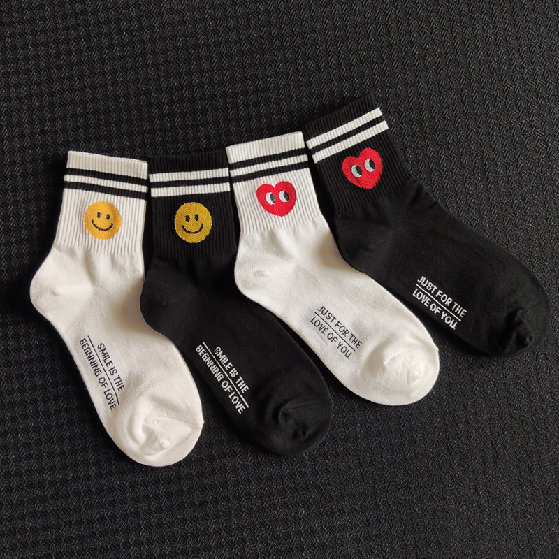 春街头中筒袜长袜男爱心可爱长筒潮牌纯棉笑脸女潮ins袜子夏薄款