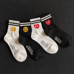 春街头中筒袜长袜男爱心可爱长筒潮牌纯棉笑脸女潮ins袜子夏薄款