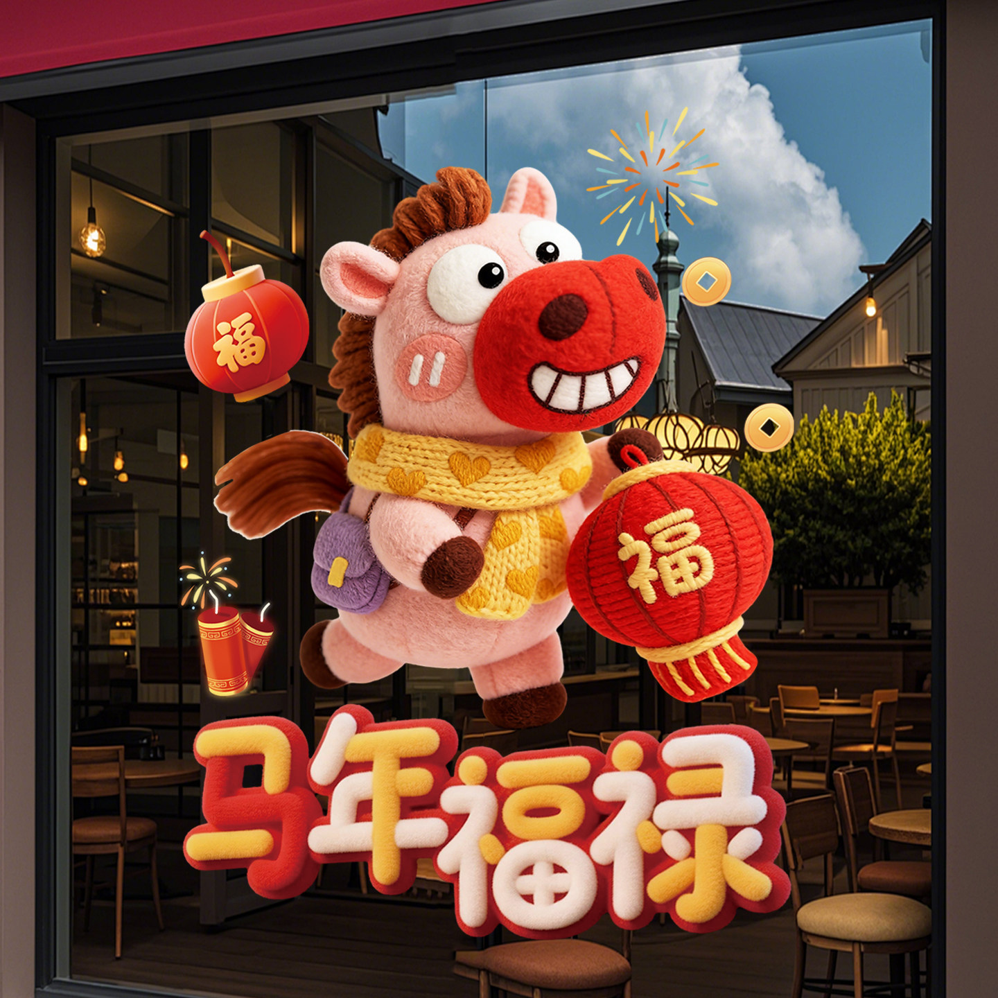 5D毛绒小马窗花新年玻璃门贴纸过年氛围布置2026马年装饰橱窗贴画,家居饰品,门贴,淘宝优惠券,粉丝福利购,淘宝优惠卷