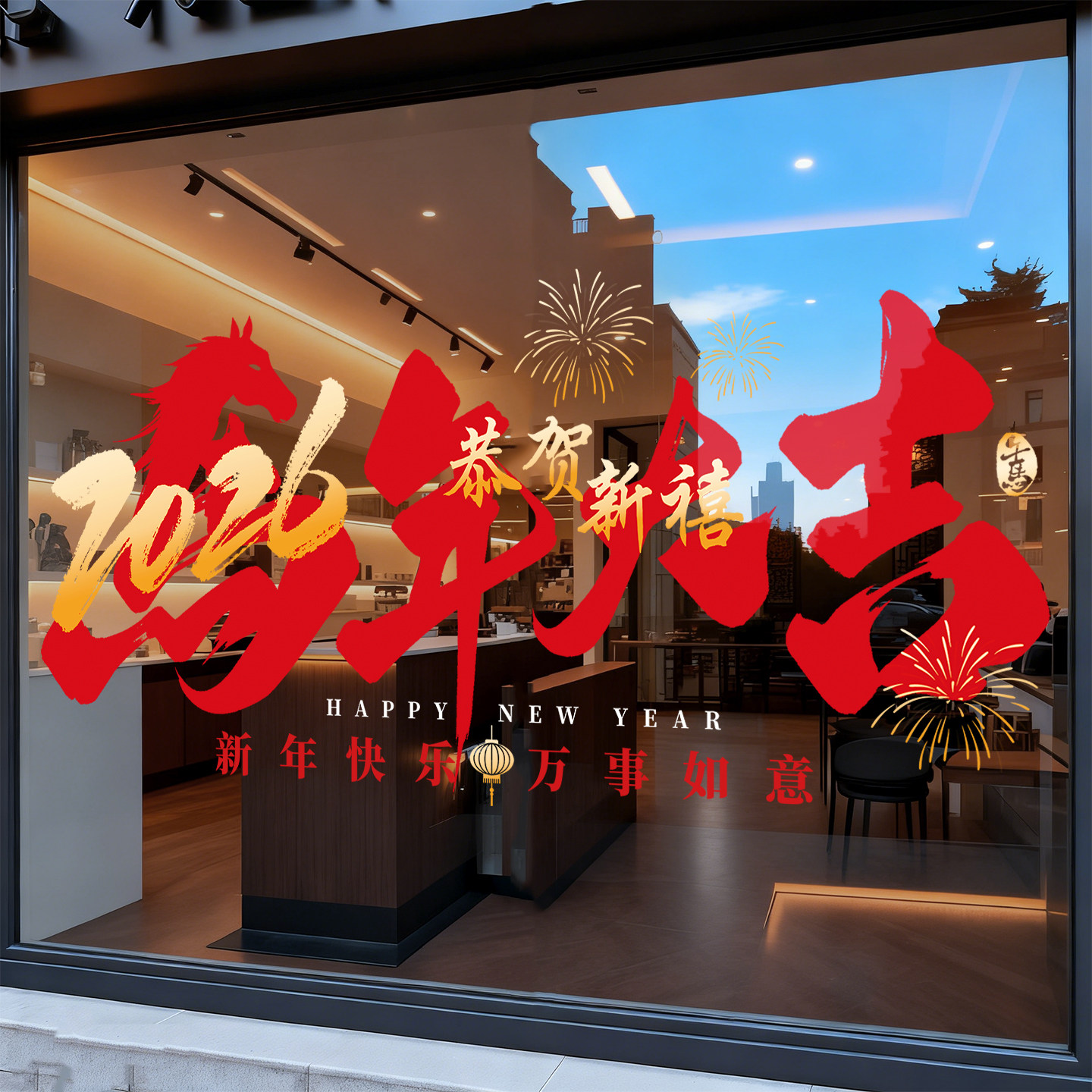 2026马年玻璃门贴纸新年装饰品酒店贴画春节氛围布置窗花静电贴,家居饰品,门贴,淘宝优惠券,粉丝福利购,淘宝优惠卷
