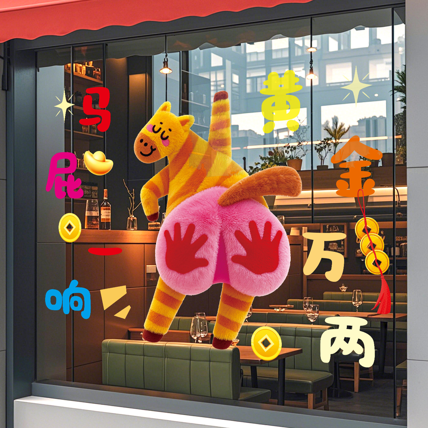 2026马年拍马屁打卡墙玻璃贴纸新年氛围布置静电贴网红玻璃窗贴,家居饰品,门贴,淘宝优惠券,粉丝福利购,淘宝优惠卷