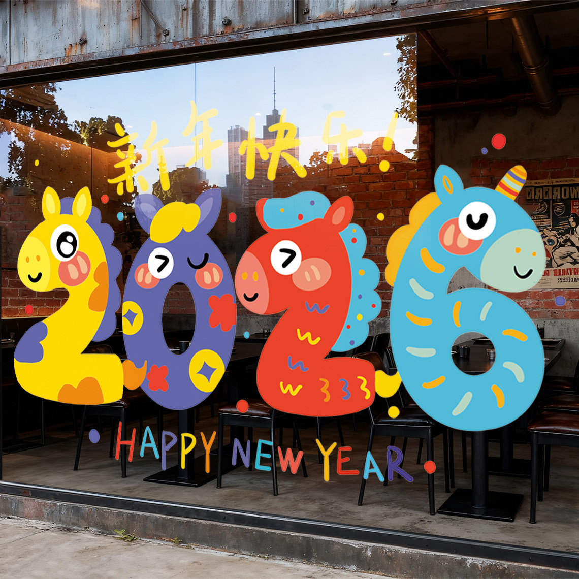 2026马年玻璃门贴纸店铺橱窗布置氛围新年装饰静电贴画春节窗花,家居饰品,门贴,淘宝优惠券,粉丝福利购,淘宝优惠卷
