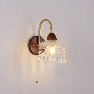 中古壁灯卧室床头灯美式复古水晶书房过道灯法式拉线开关实木壁灯