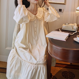复古宫廷风长款睡裙女春秋季纯棉长袖睡衣可爱娃娃领公主风家居服