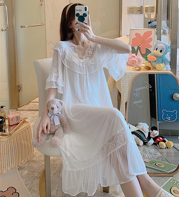 女莫代尔蕾丝短袖睡裙女夏季白色