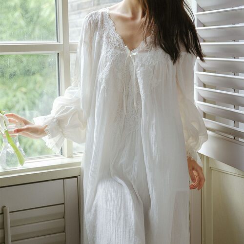 复古公主风长袖纯棉睡裙少女睡衣