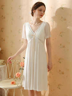 法式睡裙女款夏季2024高腰显瘦网纱舒适莫代尔短袖睡衣裙带胸垫