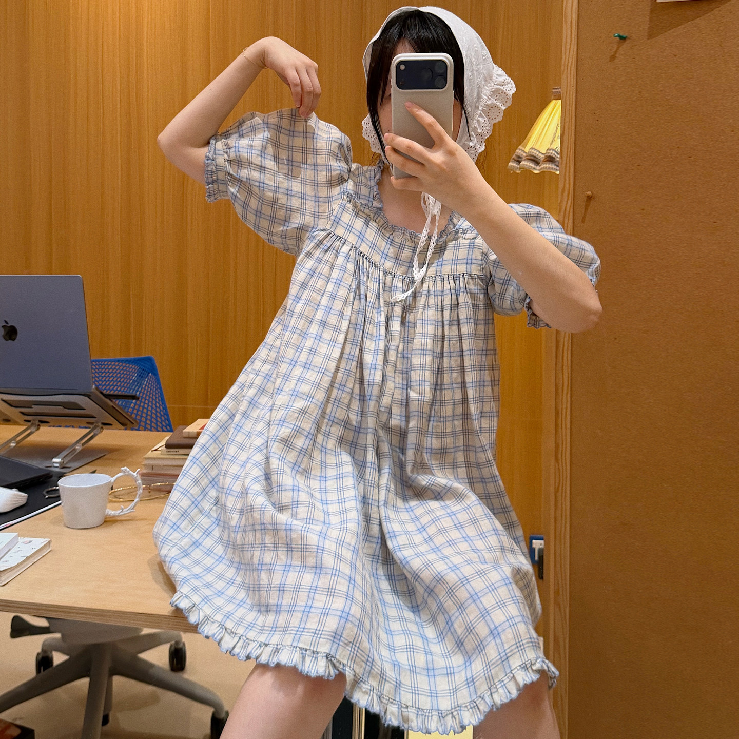 甜美清新可爱睡裙少女短袖夏季薄款田园格子公主风家居服睡衣裙子