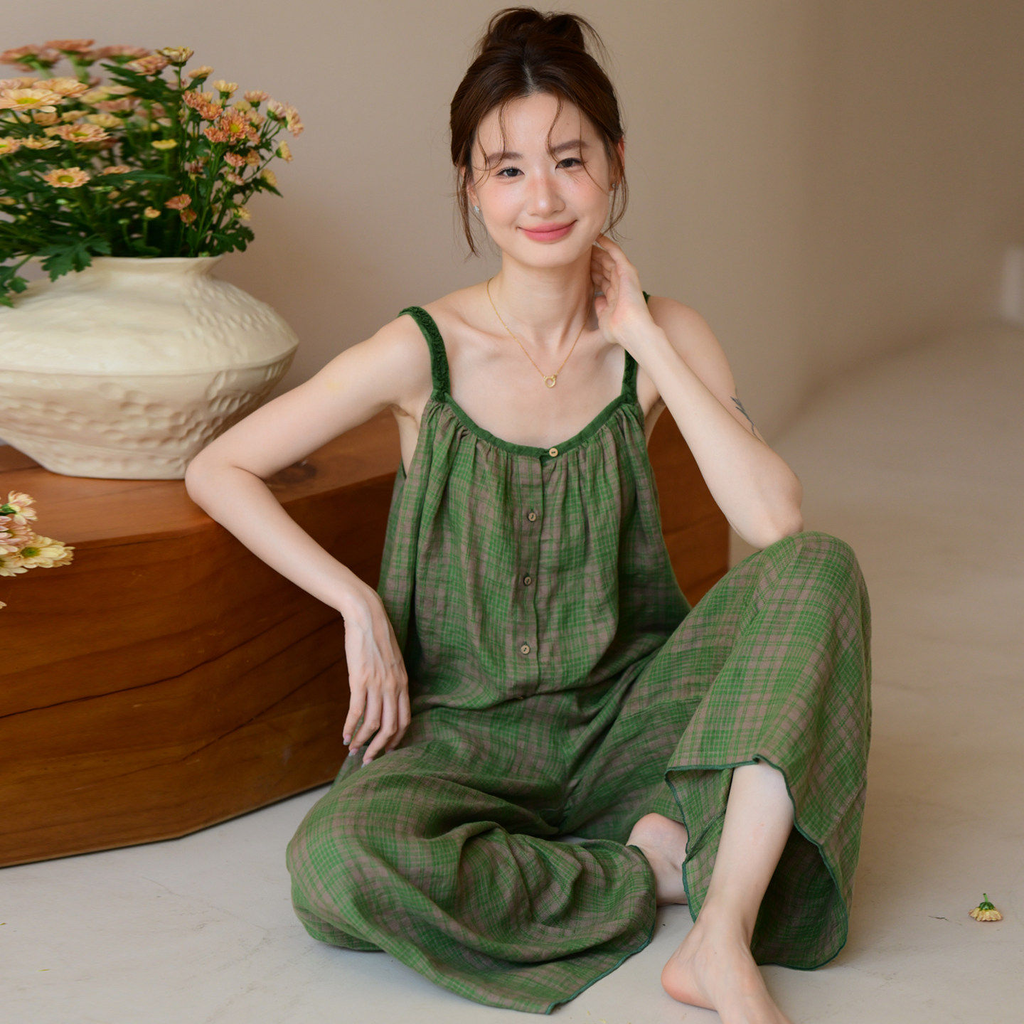 女款绿色高级感睡衣女2026新款夏季吊带长裤套装纯棉家居服性感夏