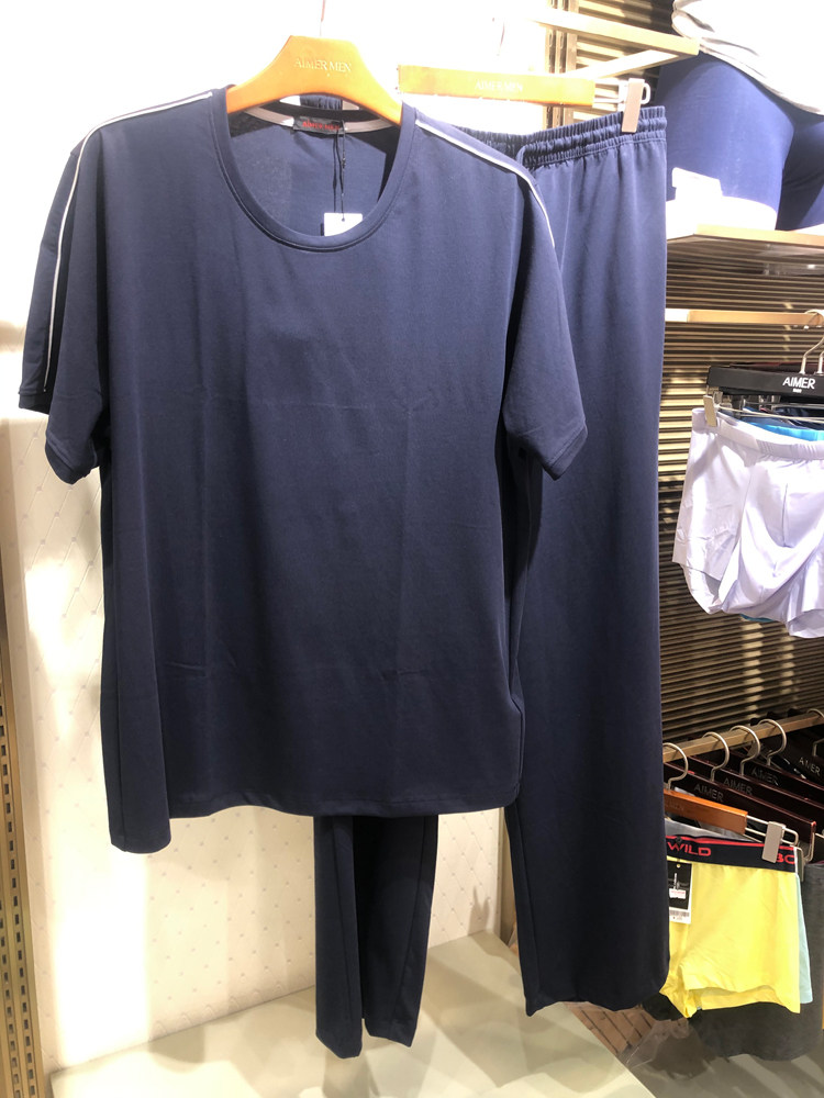 爱慕先生夏季可外穿男士家居服套头睡衣套装简约舒适凉爽NS43F901