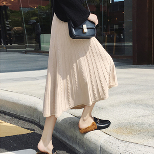 高腰A字大摆裙女 韩版 针织半身裙女2019秋季 休闲加厚百褶裙中长款