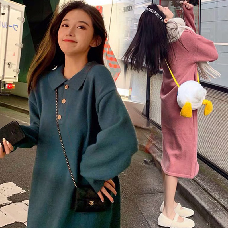 慵懒风中长款过膝宽松大码毛衣裙女加厚秋冬新款针织打底连衣裙女