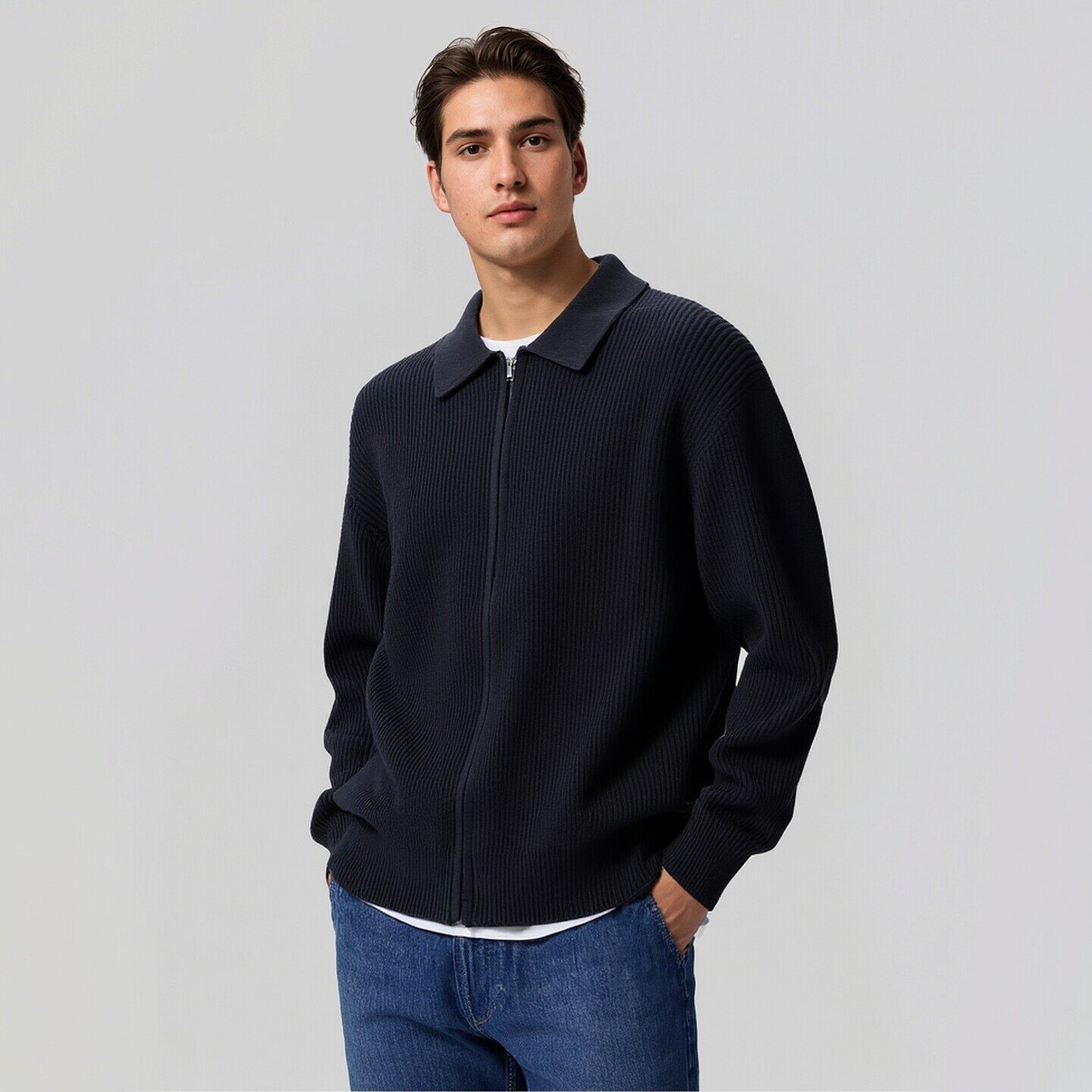 秋冬男衬衫领拉链针织开衫