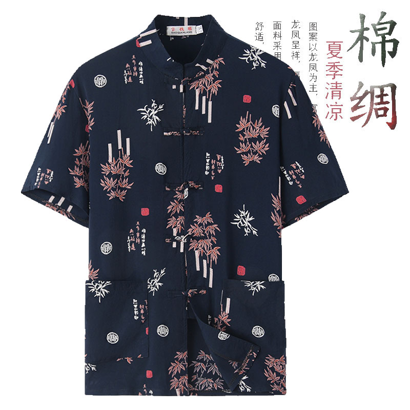 立领短袖复古中国风纯棉绸衬衣衫