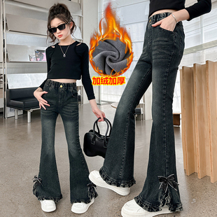 女童加绒牛仔裤秋冬新款中大童一体绒加厚裤子洋气儿童弹力喇叭裤